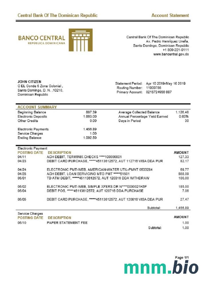 Dominikański Bank Centralny Republiki Dominikany szablon wyciągu bankowego w formacie Excel i PDF